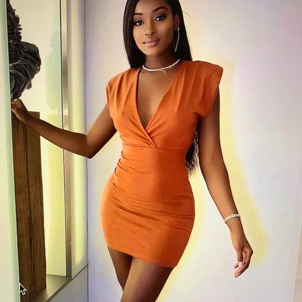 Shoulder Padded Mini Dress -Copper